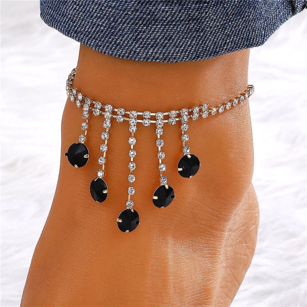 3/$35 Silver Plated Copper Rhinestone Anklet Ankle Foot Bracelet Black Diamond